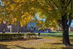 Memorial Hall exterior with fall leaves and colors